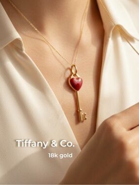 18k Rare & NEW Tiffany & Co. red enamel gold heart key ..